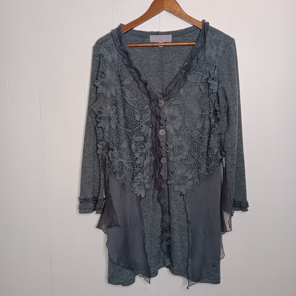 Pretty Angel Cardigan M Gray Lace Boho Whimsygoth Fairycore Lace Soft Y2K